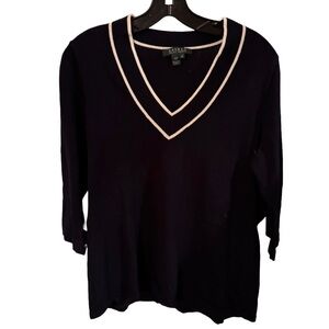 LaurenRalph Lauren Womens Pullover Sweater  Blue White V Neck Knit Cotton Sz 1X